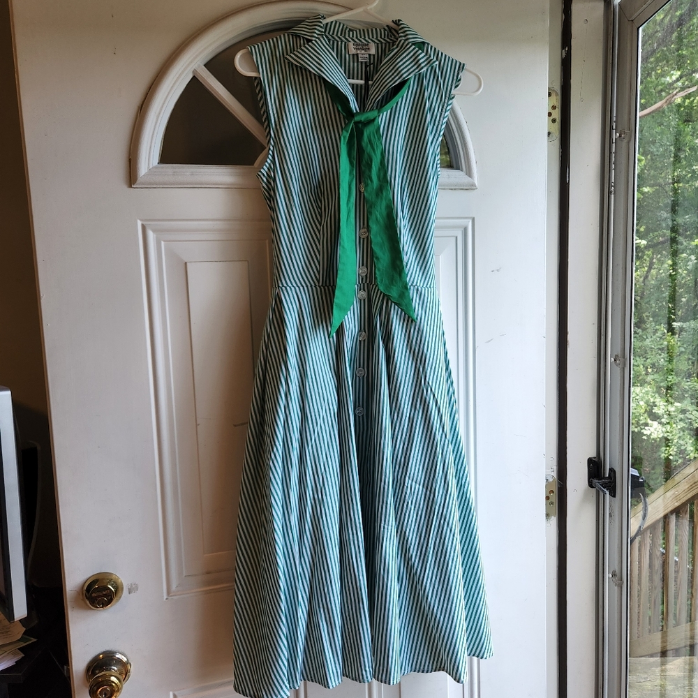 NWT Unique Vintage Green Striped Shirtwaist Dress